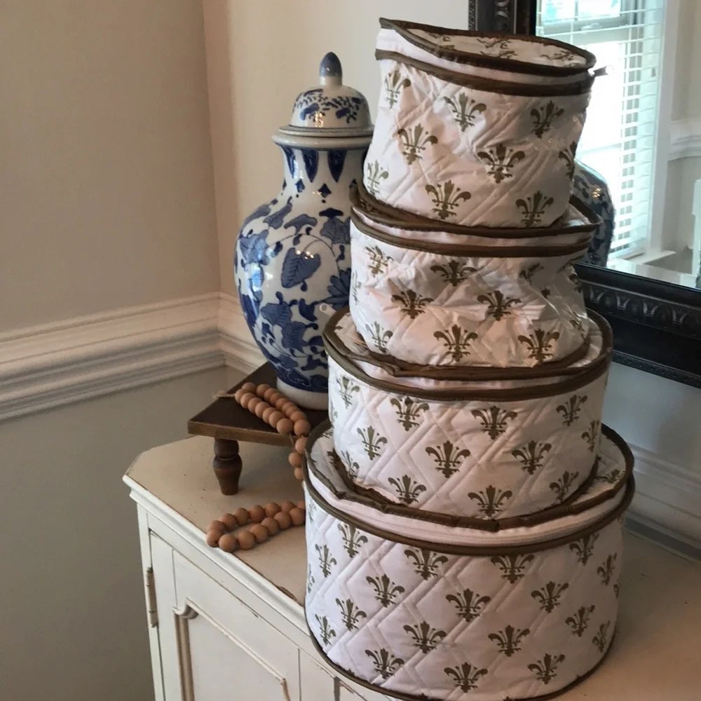 Vintage RARE Fleur De Lis Print Quilted Plastic Round Zipper Storage Set…